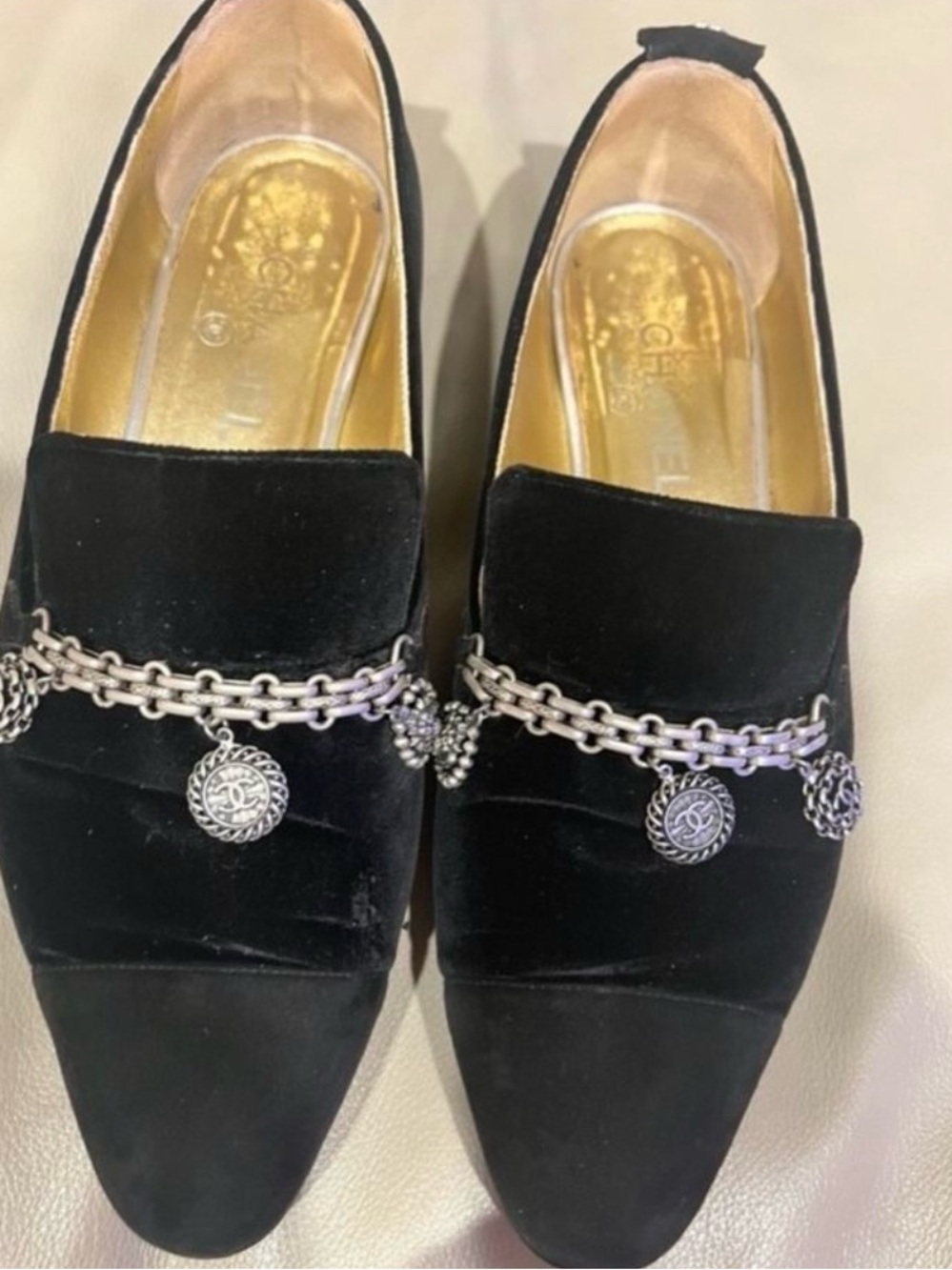 CHANEL Black Velvet Loafers with Silver Chain Medallions